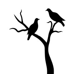 Vector Silhouette of a Pair of Birds on a Dry Tree Branch Without Leaves, Isolated on White Background, A Pair of Birds in Love, Wall Decoration, Romantic Silhouette of Birds on a Branch