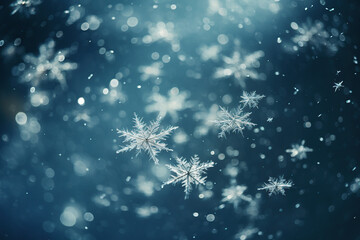 Snowflakes fall against a blue background, captured in close-up, The concept captures winter's essence.
