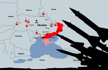 Russia's war with Ukraine. Map of Ukraine. Template for news. 3d illustration - obrazy, fototapety, plakaty