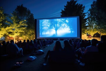 People Watching Movie In An Outdoor Cinema Setting. Сoncept Outdoor Cinema Experience, Movie Night Under The Stars, Community Film Screening, Outdoor Movie Gathering, Cinematic Entertainment Outdoors