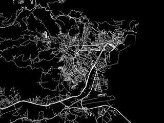 Vector road map of the city of Bejaia in Algeria with white roads on a black background.