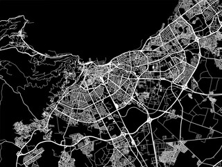 Vector road map of the city of Oran in Algeria with white roads on a black background. - obrazy, fototapety, plakaty