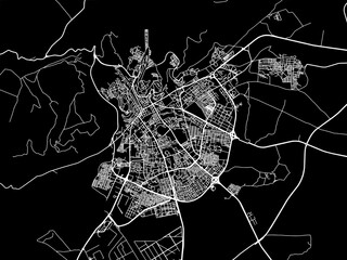 Vector road map of the city of Tiaret in Algeria with white roads on a black background.