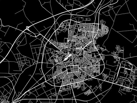 Vector road map of the city of Sidi Bel Abbes in Algeria with white roads on a black background.