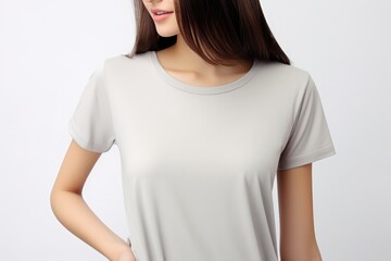 Woman In Light Gray Tshirt On White Background, Mockup