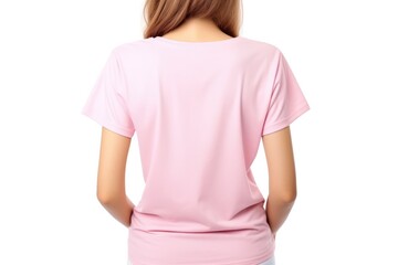 Woman In Pink Tshirt On White Background, Back View, Mockup