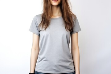 Fototapeta premium Woman In Silver Tshirt On White Background, Mockup