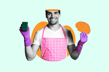Creative image poster banner collage of funny funky man with sponge clean brain from wrong fake news