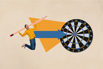 Creative poster collage of young man hold pencil point darts board target achievement bizarre...