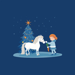 Little girl gives a carrot to a pony, winter holidays, Christmas, New Year, vector illustration