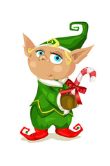 Vector Christmas elf with candy on white background. Beautiful charater for your christmas projects.