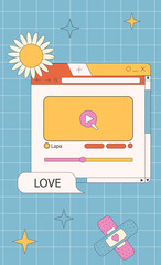 Subscribe newsletter web banner template in retro computer interface style. Retrowave design for mail marketing. 90s browser tab with new message, vintage browser dialog tab and hipster stickers 