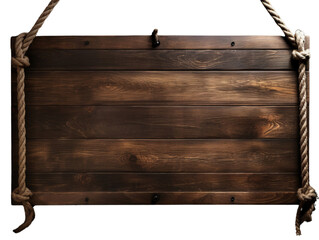 Wooden Sign Hanging from Rope on Black Background on a transparent background PNG