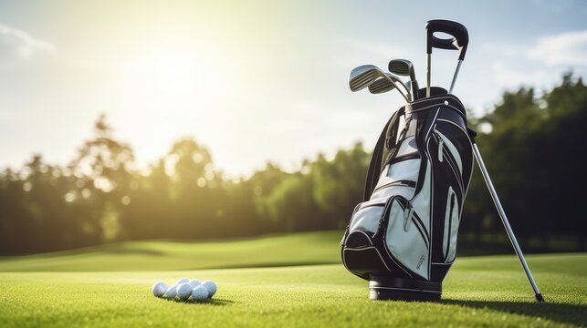 Golf equipment and golf bag , putter, ball on green at golf course