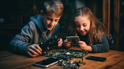 Fototapeta premium Kids repair broken smartphone or electronics circuits at home. STEM interests, repair skills, and sustainable mindsets, by teaching children how to fix broken electronic gadgets