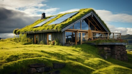 Fototapeta na wymiar Eco-Friendly House with Green Roof and Solar Panels. An eco-friendly wooden house cottage featuring a lush green roof and solar panels set in a serene natural landscape
