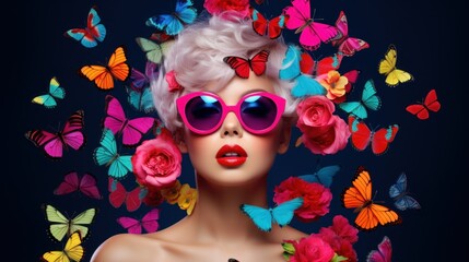Colorful portrait of a woman with stylish sunglasses surrounded by vivid butterflies and blooming flowers against a dark background.
