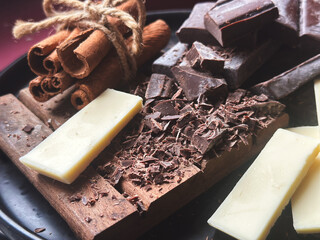 Dark and white chocolate on a plate 