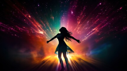 Silhouette of a woman dancing against cosmic backdrop of fiery nebulas and stardust. Concept of mystical spiritual dance, freedom, energy and mystery. dance rhythm of soul spirit