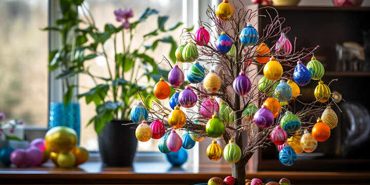 Easters tree with multi color balls are hanging on it and green plant near by easter tree on the wooden desk and large glass window on the background Ai Generative