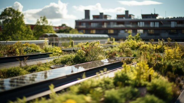 Urban Rooftop Garden with Solar Panels. Sustainable urban rooftop garden with integrated solar panels amongst lush greenery in a city environment.