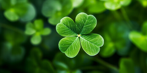 Fototapeta na wymiar Four leaf clover in green grass stock photo Four leaf green clover for good luck on St Patrick's Day bright green background Ai Generative