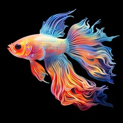 Colorful betta fish with bright fins in UV style on a black background. Picturesque underwater inhabitants. Beautiful fish tails. Concept: for photo wallpapers and postcards
