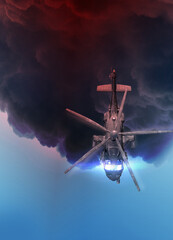 Military helicopter in storm cloud.