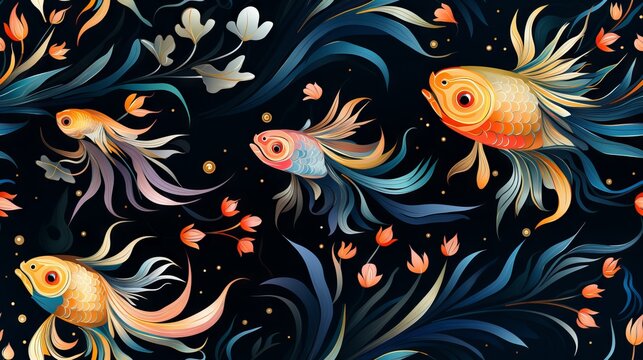 Colorful fish among sea plants on a dark background in a pattern style. Picturesque underwater inhabitants. Beautiful fish tails. Concept: seamless image for photo wallpapers and postcards