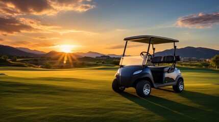Golf cart on beautiful golf course at sunset 