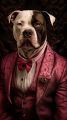 Pit Bull dog dressed in an elegant pink suit, standing as a confident leader and a powerful businessman. Fashion portrait of an anthropomorphic animal posing with a charismatic human attitude © mozZz