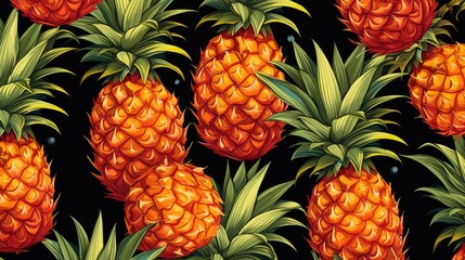 Pineapples on a bright black background. Summer concept. View from above. - obrazy, fototapety, plakaty