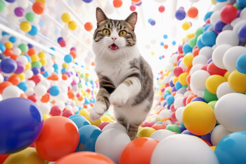 Fototapeta na wymiar Close up of cat fun to jump around in a colorful ball in white modern house. The animal concept of funny and playing.