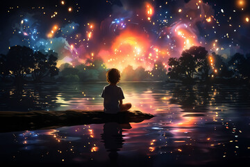 A boy sits on the shore of a lake at night and looks at the heavenly lights and glows
