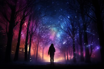 illustration of a fabulous landscape at night, a girl walking in the forest, silhouettes of trees and fireflies around her