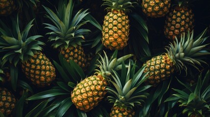 Fototapeta premium Pineapples on a bright black background. Summer concept. View from above.