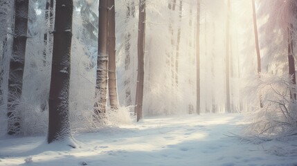 A serene snowy forest scene with realistic snow-covered trees and a soft, diffused light creating a cozy atmosphere