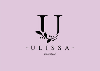 Logo, capital letter U. Monogram of Botanical Minimalistic with natural plant.