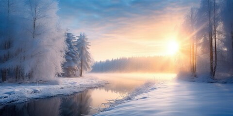 Obraz na płótnie Canvas Sunlight Peeking Through Snowy Landscape - Capturing the Enchanting Glow of Winter