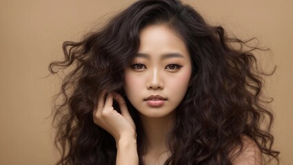 Fototapeta premium Young Asian beauty woman curly long hair with korean makeup style on face and perfect skin on isolated beige background