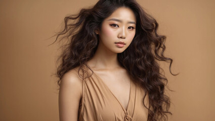 Young Asian beauty woman curly long hair with korean makeup style on face and perfect skin on isolated beige background
