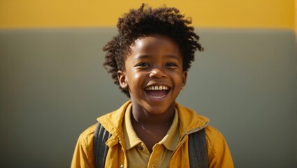 Happy young little african american boy has an expression of joyful amazement, eyes and mouth wide open at bright solid yellow background