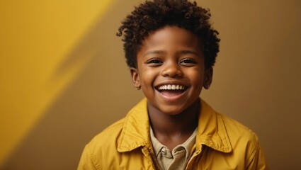 Happy young little african american boy has an expression of joyful amazement, eyes and mouth wide open at bright solid yellow background - obrazy, fototapety, plakaty