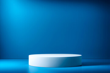 White podium and blue background, product display mockup