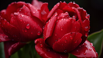 red tulip with water drops, Perfect raindrops on a beautiful crimson rose