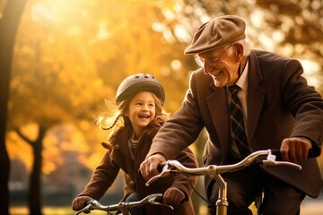 Fototapeta na wymiar Grandfather and granddaughter enjoying bicycle ride in park. Family bonding.
