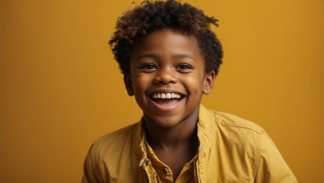 Happy young little african american boy has an expression of joyful amazement, eyes and mouth wide open at bright solid yellow background