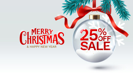 Merry Christmas and happy new year, 25 Percentage off sale. Vector illustration 