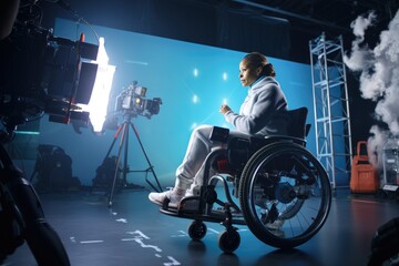 Performer in wheelchair preparing for scene on film set. Representation and inclusion in media. - obrazy, fototapety, plakaty