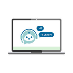 Ai chat bot on laptop monitor. Chat bot оn realistic laptop. Artificial intelligence concept. Stock Vector illustration.
